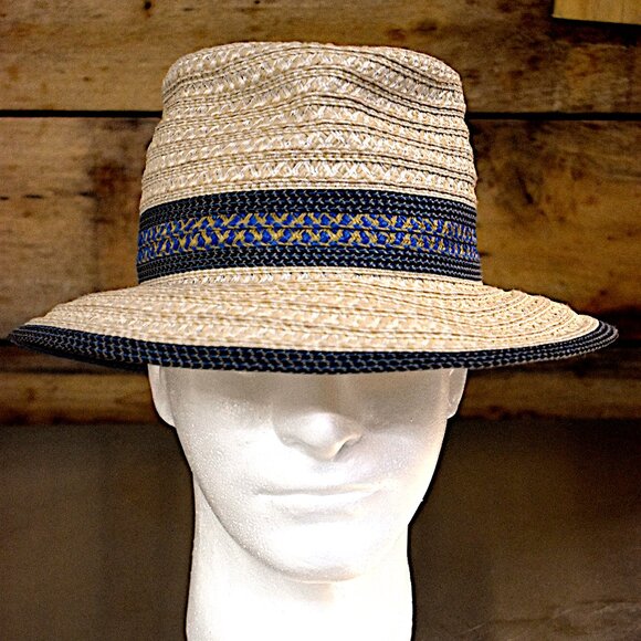 Eric Javits Women's Big Deal Squishee Straw Fedora Hat Blue Tan UPF 50+ - Picture 2 of 8
